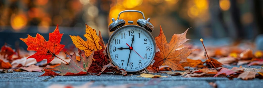 An alarm clock rests on the side of a road, surrounded by fallen leaves.