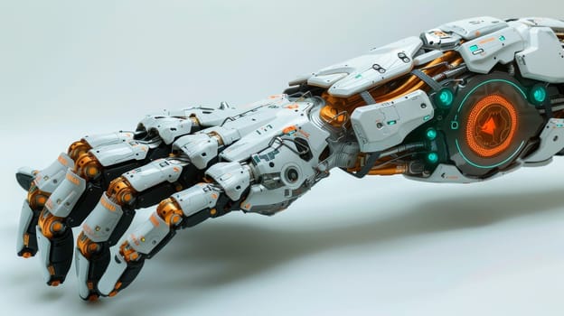 Cyborg hand on white background . A robotic arm. Biohacking.