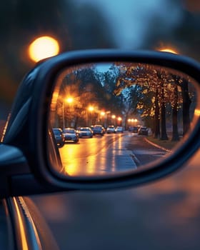 The sideview mirror of a car reflects the vibrant, golden lights of a city street at night, creating a warm, atmospheric scene