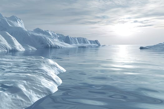 A group of icebergs floating on the surface of cold waters, reflecting light and showcasing icy textures.