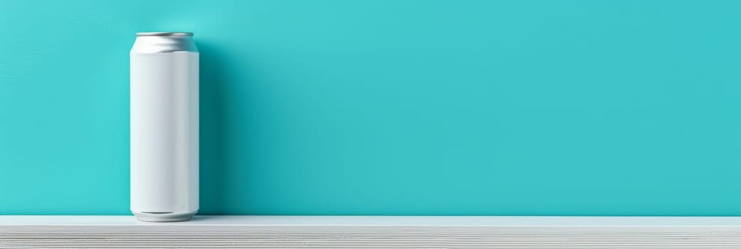 A simple, clean-lined white beverage can stands out against a vibrant turquoise background in a minimalist studio setting