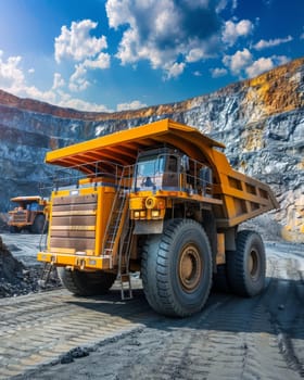 A massive, heavily-built mining truck navigates the rugged, rocky terrain of an active quarry, showcasing the immense scale and power of industrial mining equipment