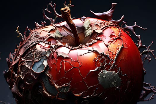 A red apple with numerous deep cracks running across its surface, indicating age or dehydration. The apple appears to be overripe and potentially spoiled due to the extensive cracking.
