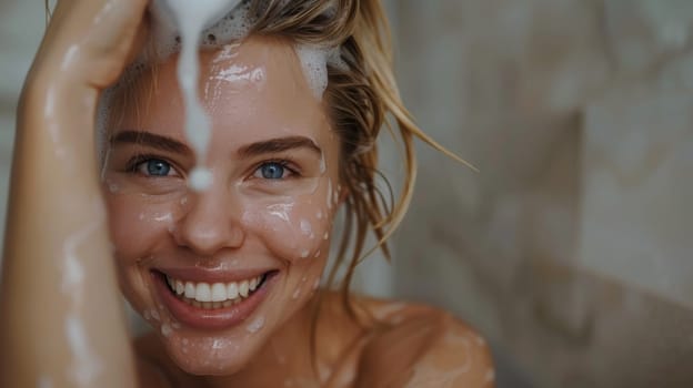 A cheerful young woman with blonde hair and blue eyes smiles brightly as she stands in the rain, her face and hair wet with droplets