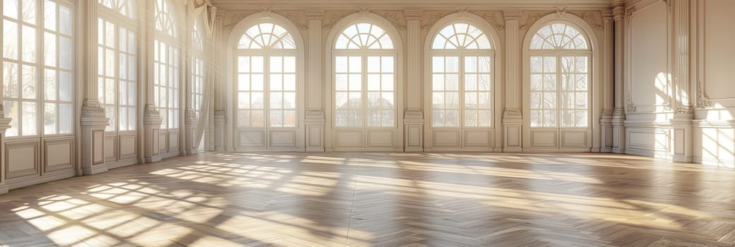 An empty banquet hall with a parquet floor, featuring large windows and a vintage chandelier.