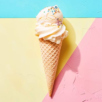 Scoops of ice cream in a waffle cone on a colorful background