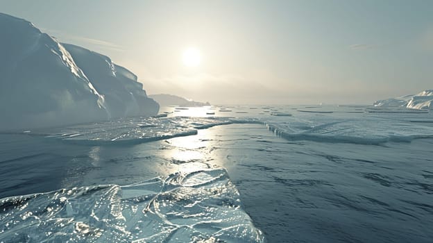 The sun shines on icy icebergs floating in water, creating a sparkling reflection on the frozen surfaces.