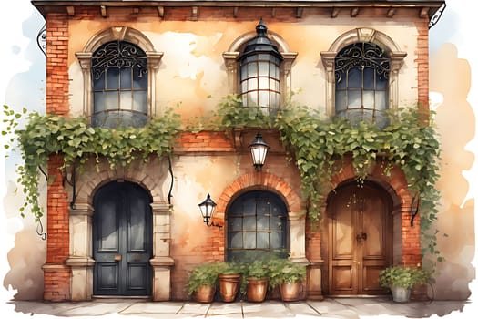 A detailed watercolor painting showcasing a building covered in lush ivy. The intricate details of the ivy climbing up the walls of the structure are beautifully captured in this artwork.