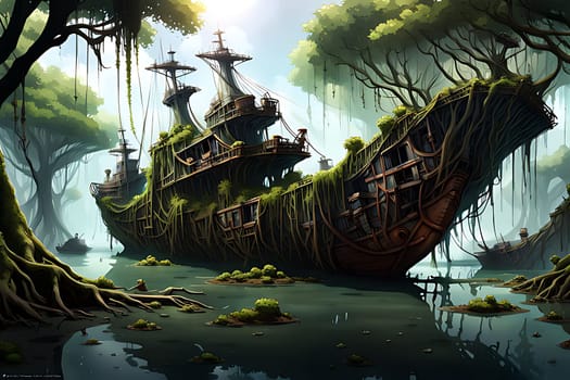 A painting depicting a large ship surrounded by murky waters in the midst of a swamp. The ship appears to be anchored, with twisted trees and thick vegetation surrounding it. The scene conveys a sense of isolation and mystery.