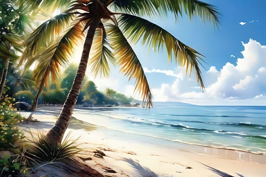 A realistic painting of a palm tree standing tall on a sandy beach, under a clear blue sky. The trees fronds gently sway in the breeze, casting a shadow on the golden sand.