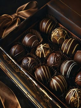 A high-detail box of elegant chocolate truffles, embellished with ribbons, displayed on a table.