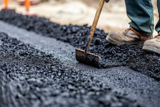 A construction worker in work boots and gloves is using a shovel to spread and smooth out freshly laid asphalt on a road surface