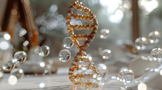 DNA double helix with luminous particles on an abstract background . Biotechnology and scientific concept for genetic research and molecular science. 3d illustration.