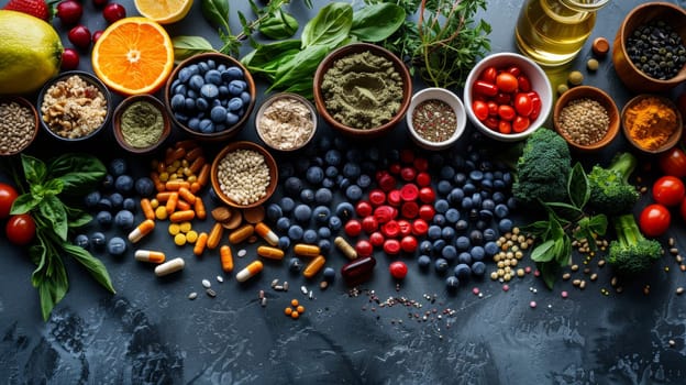 Various vegetables, seeds and fruits, vitamins in the background . Healthy Diet. Biohacking.