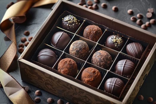 A luxurious box of dark chocolate truffles adorned with ribbons, elegantly placed on a table.