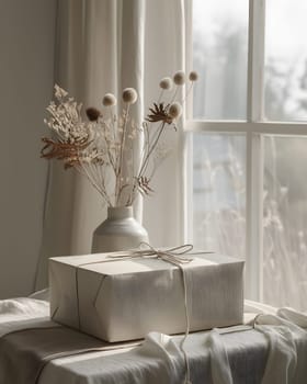 A gift box rests on the table beside a vase of dried flowers, adding a touch of nature to the interior design. The hardwood flooring complements the wood table and twig accents