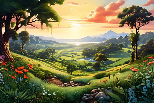 The painting depicts a vibrant and thriving landscape filled with lush green foliage, towering trees, and colorful flowers. The scene captures the beauty of nature in full bloom, with various plant life adding to the overall richness of the setting.