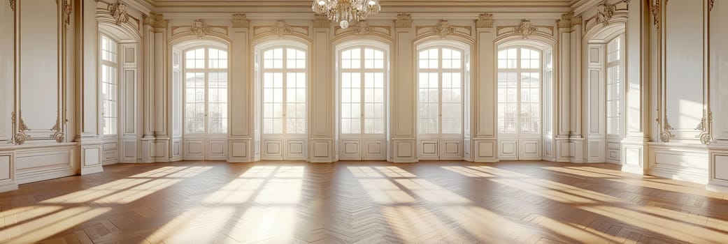 Vintage style banquet hall with a chandelier, large windows, and parquet floor.