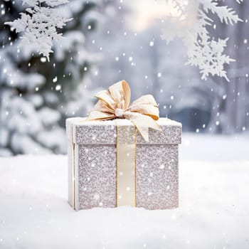 Christmas holiday gift and present, gift box in the snow in snowfall winter countryside nature for boxing day, holidays shopping sale idea