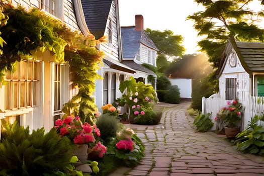A cobblestone road stretches ahead, flanked by charming houses adorned with colorful flowers. The scene exudes a quaint and cozy atmosphere, with each house displaying unique architectural details. The vibrant flowers add a pop of color to the otherwise rustic setting.