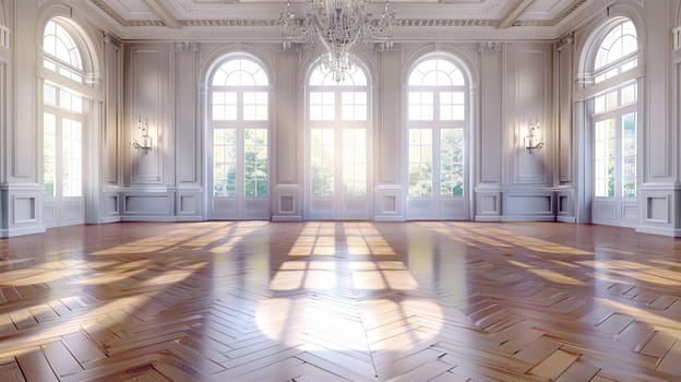 A vintage-style banquet hall with a chandelier and large windows, set in a big empty room with a parquet floor.