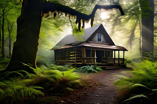 A cabin sits nestled in the midst of a dense forest, surrounded by towering trees and lush vegetation. The cabin appears cozy and secluded, blending in harmoniously with its natural surroundings.