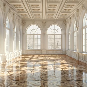 Vintage-style empty banquet hall with marble floor and large windows letting in natural light.