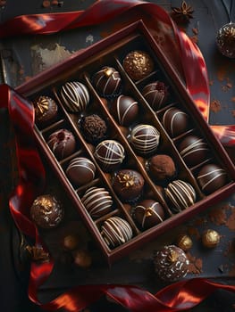 A luxurious box of chocolate truffles adorned with a vibrant red ribbon.