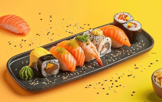 Visually Stunning Sushi Platter with Nigiri, Sashimi, and Rolls Intricate Garnishes Sleek Elegant Background Concept Culinary Artistry.