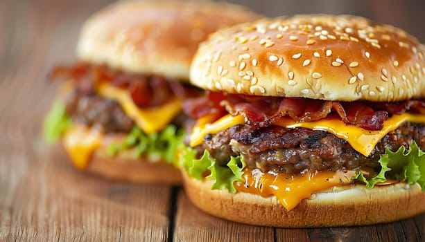 Two burgers, a staple food in fast food cuisine, are placed on a wooden table. This popular sandwich typically includes a bun, ingredients, and is a common recipe for a delicious dish