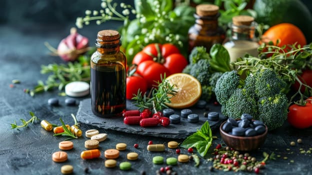 Various vegetables, seeds and fruits, vitamins in the background . Healthy Diet. Biohacking.