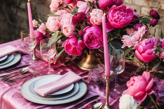 Holiday tablescape, formal dinner table setting, pink peony table scape with peonies decoration for wedding party and event celebration, post-processed, generative ai