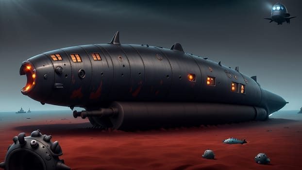 A large submarine is seen floating on top of a red surface. The submarines sleek design contrasts with the vibrant red background, creating a striking visual.