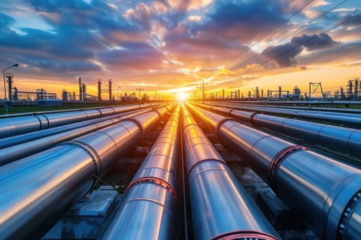 Large Industrial Gas Pipelines at Sunrise in Modern Refinery Concept Energy and Industrial Infrastructure.