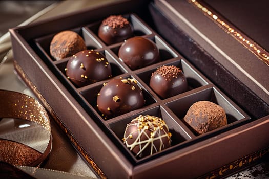 A luxurious box of chocolate truffles, adorned with ribbons, placed on a wooden table.