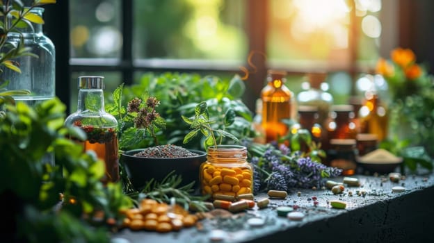 Various vegetables, seeds and fruits, vitamins in the background . Healthy Diet. Biohacking.