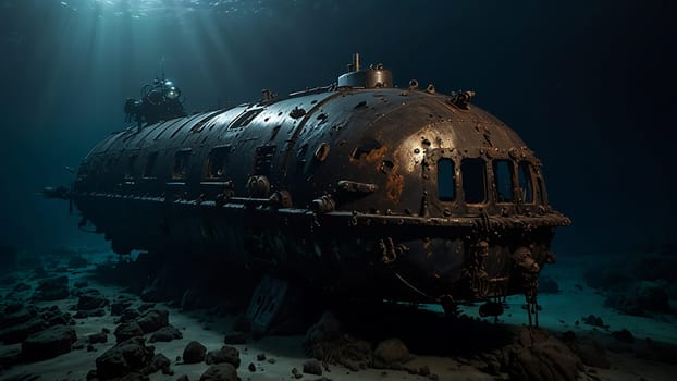 A submarine is seen underwater in a deep blue sea. The submarines metal structure contrasts against the dark blue water as it navigates through the depths of the ocean. The scene conveys the vastness and mystery of the underwater world.