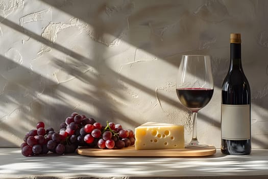 A bottle of wine, a glass of wine, grapes, and cheese are elegantly displayed on a table with glass stemware and dishware showcasing a pairing of natural foods