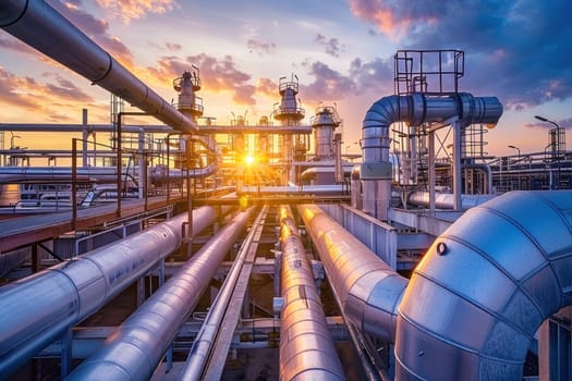 Large Industrial Gas Pipelines at Sunrise in Modern Refinery Concept Energy and Industrial Infrastructure.