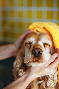 Funny dog photography cute spa Day laying bed relax beauty mask, view from the top, generative ai.