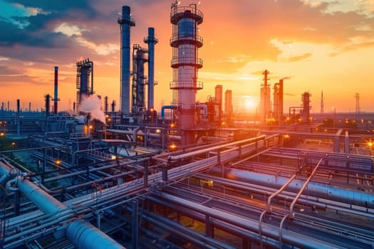 Large Industrial Gas Pipelines at Sunrise in Modern Refinery Concept Energy and Industrial Infrastructure.