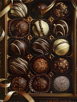 Elegant box of assorted chocolate truffles adorned with ribbon, showcasing rich dark colors and luxurious presentation.