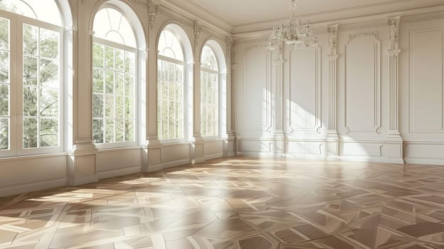 Vintage-style banquet hall with parquet floor, featuring large windows and a chandelier.