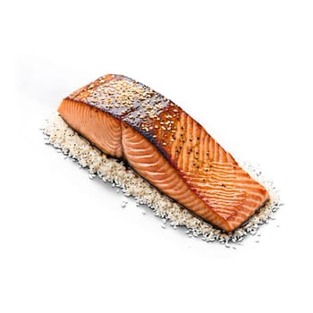 A piece of salmon is sitting on a bed of rice. Food isolated on transparent background.