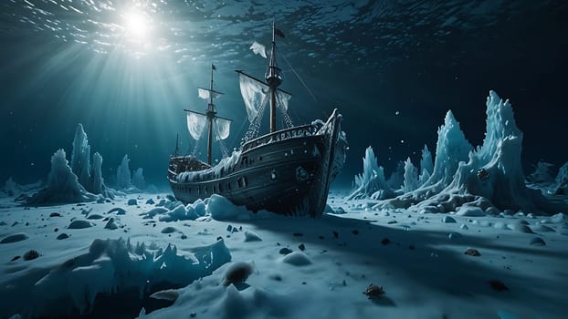 A ship is seen floating in the ocean with ice floes surrounding it. The frozen ice creates a stark contrast against the dark blue waters, emphasizing the harsh conditions of the Arctic environment. The ship appears to be navigating cautiously through the icy waters, highlighting the challenges of polar exploration.