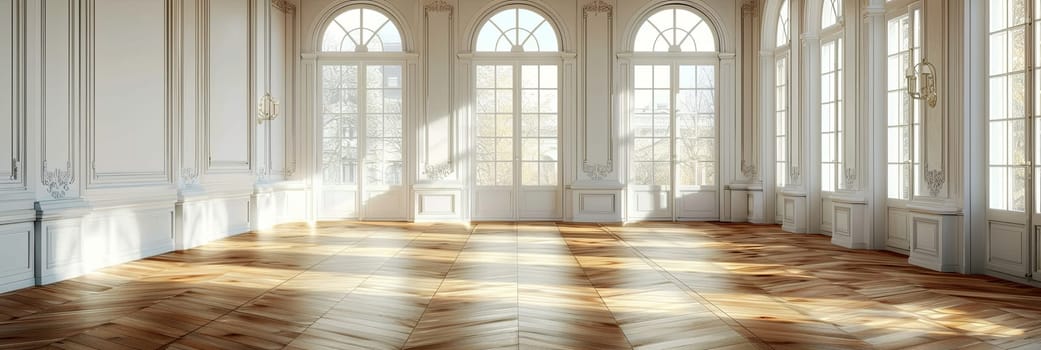 An empty banquet hall in light colors with a parquet floor and numerous large windows.