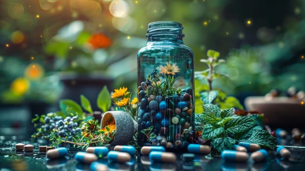 Vitamin capsules in a jar on the table. Vitamin tablets .