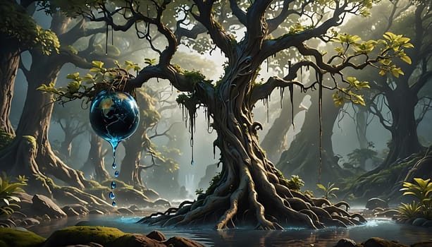 A detailed painting of a tree with a globe hanging from one of its branches, depicting a unique fusion of nature and worldly elements. The tree is intricately portrayed, with vibrant colors and textures, and the globe adds a touch of global connection to the scene.