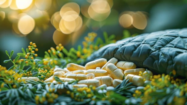 Vitamin capsules in a jar on the table. Vitamin tablets .