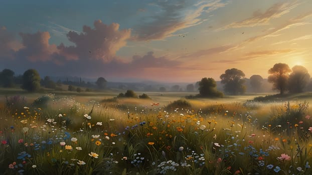 A painting depicting a vibrant sunset casting warm hues over a lush field filled with a variety of wildflowers. The sky is ablaze with oranges, pinks, and purples, creating a stunning backdrop for the colorful wildflower meadow below.
